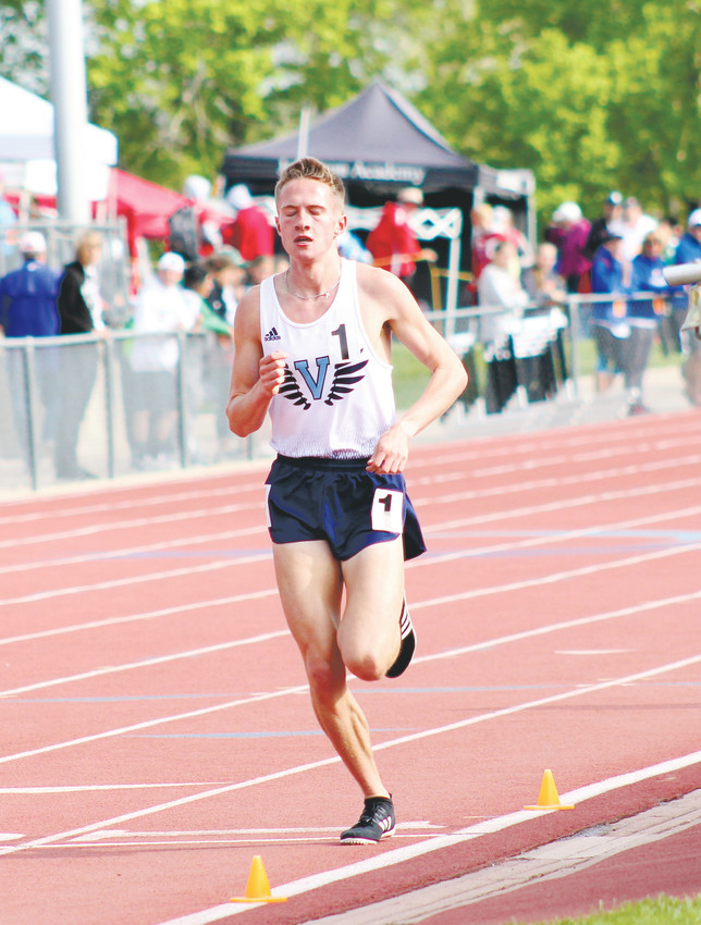 Valor Christian sophomore Cole Sprout nears the finish of the 1,600 run at the state high school championships held May 17-19 at Jeffco Stadium. Sprout won both the Class 4A 1,600 and 3,200 run to add to the state cross country title he won last fall.