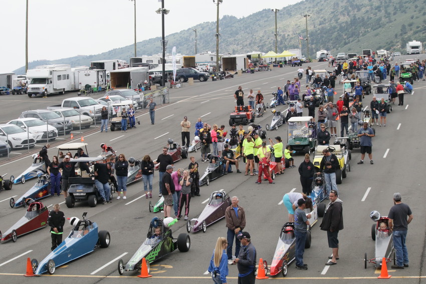 The junior dragsters line up in the staging lanes awaiting their turn at the starting line at a recent year’s event. The junior dragsters will be part of the annual high school drag races May 28 at Bandimere Speedway.