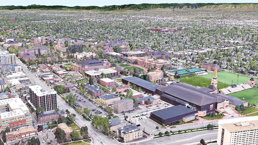 An aerial view of the University of Denver and how it looks currently.