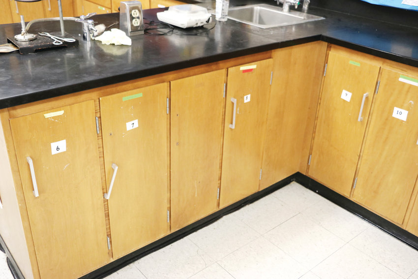 Some cabinet handles in Douglas County High School's classrooms are either broken or missing. The outdated aesthetics of the school impact students and teachers, district employees say.
