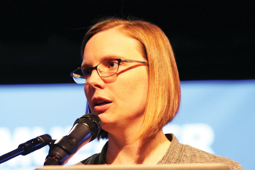 Sociologist and researcher Anna Mueller, who led a study on teen suicide prevention that focused on Littleton schools, speaks during an LPS forum in 2018.