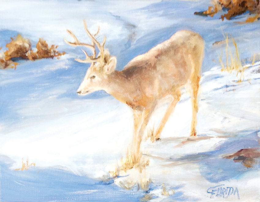 “Snowy Deer” by Csilla Florida is a small painting available in the Christmas Market at Town Hall Arts Center.