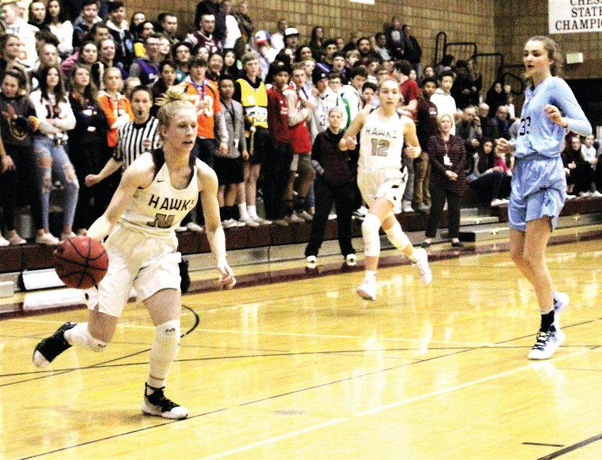 Horizon junior Olivia Waufle pushes the ball up the court Feb. 26 against Ralston Valley.