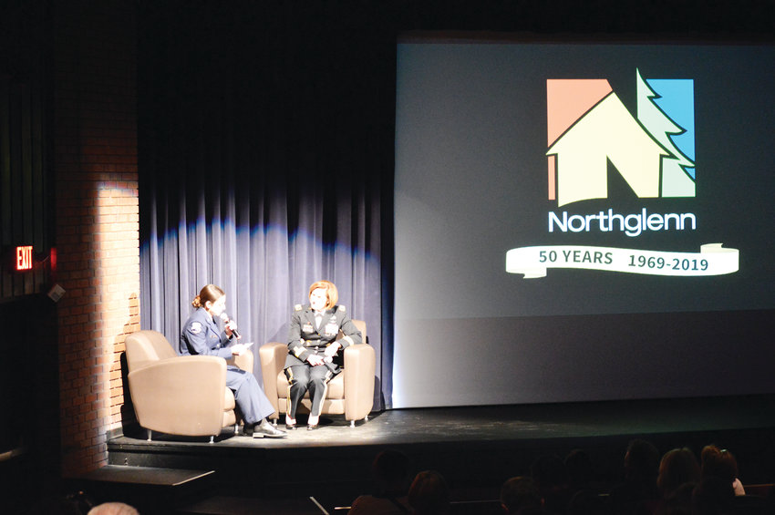 Lt. General Laura Richardson, the acting commanding general of the United States Army Forces Command, answers questions from Northglenn High School Junior ROTC Cadet Gabriella Gomez March 4 at Northglenn's D.L. Parson's Theater. Richardson, a Northglenn native, recounted her formative years in the community and how what she learned helped form her military career. The presentation was in honor of the city's 50th anniversary and Women's History month.