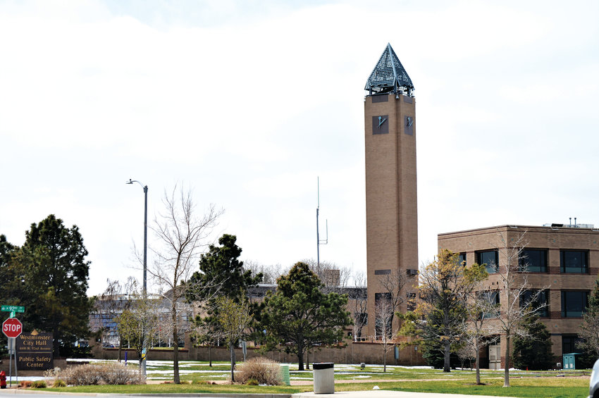 The Westminster clock tower overlooking Westminster City Hall at the corner of 92nd and Yates Drive.