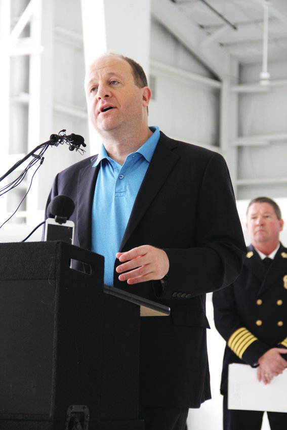 Gov. Jared Polis gives an address on Colorado’s 2019 wildfire forecast May 7 at Centennial Airport. The event at 8082 S. Interport Blvd. in unincorporated Arapahoe County, just south of Centennial, featured addresses from public safety officials and up-close looks at aircraft and land vehicles used to fight wildfires.