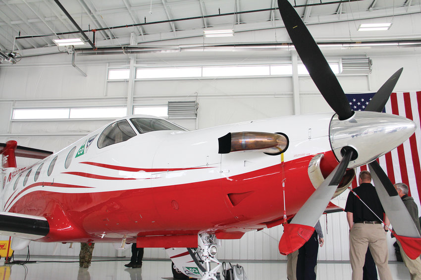A plane that helps respond to wildfires on display May 7 at Centennial Airport after state officials spoke about Colorado’s 2019 wildfire forecast.