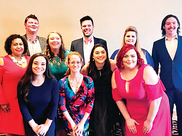 Winners in the Denver Lyric Opera Guild’s annual competition for young opera singers: Front-Jovahnna Borboa, Amy Maples, Kira Dills-DeSurra, Kyrie Laybourn. Back-Daisha Togawa, Jeremy Reger, Erin Hodgson, Eric McConnell, Katheryne Baker, Matthew Peterson.