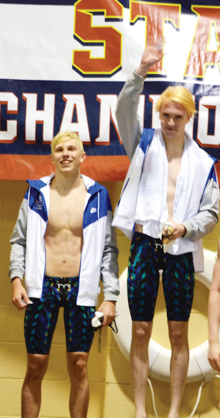 Cherry Creek senior Brendan Eckerman (right) and sophomore Nikolas Silolahti finished one-two in the 100-yard freestyle in the finals of the Class 5A Boys State Swimming championships at the VMAC in Thornton. Eckerman also won the 50 freestyle and swam the anchor legs on the Bruins' 200 and 400 freestyle relay teams. Creek won the state title with 520 points and Regis Jesuit was the runner-up with 394 points.