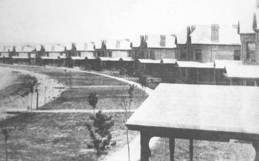 Duplexes on Officer’s Row at Fort Logan in 1892.