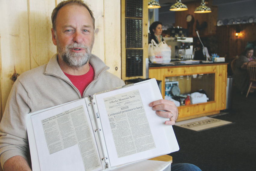 John Brackney, one of the founders of Centennial, sits with an article from the Feb. 9, 2001, issue of the Rocky Mountain News, which came out two days after Centennial was established as a city. Brackney sat May 8 at The Original Pancake House at East Orchard Road and South University Boulevard, the restaurant where Brackney, Brian Vogt, Ed Bosier, Pete Ross and Randy Pye — who would later become Centennial’s mayor — first gathered to consider starting a push to create Centennial.