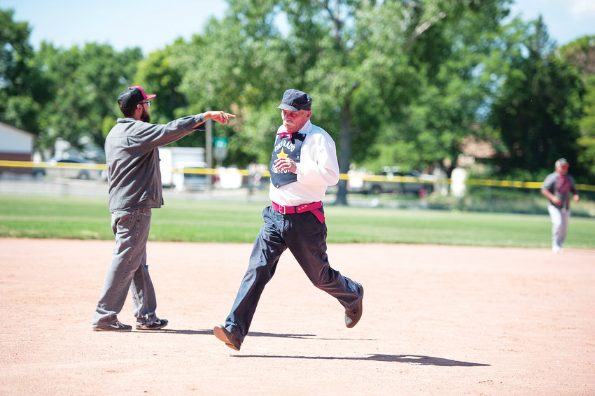 Mike "Texas" Mikel, runs to third base in a vintage baseball game between Star Baseball Club of Colorado Territory and the Lightning Bolts of Westminster, on Saturday, July 13, at Wolff Run Baseball Park.