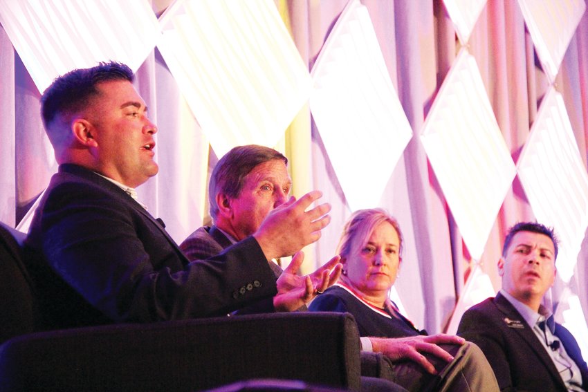From left, House Minority Leader Patrick Neville, Senate Assistant Minority Leader John Cooke, House Speaker K.C. Becker and Senate President Leroy Garcia on stage at the annual Business Legislative Preview. The Jan. 7 event in downtown Denver was hosted by the Denver Metro Chamber of Commerce and the Colorado Competitive Council, a business advocacy organization.