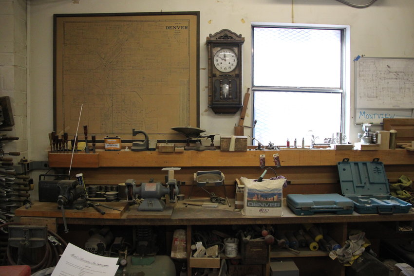 Rick Morel's workbench. Morel, a third-generation pipe organ builder, uses specialty tools that date back decades.