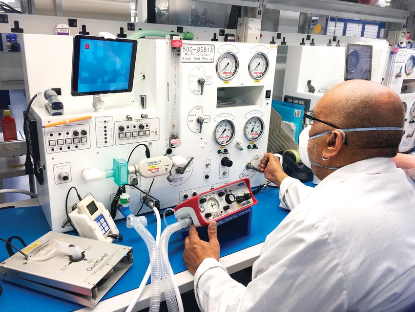 A team at Smiths Group, a global technology business, carries out final testing on new ventilators being produced for the United Kingdom’s National Health Service. A group of companies supporting the push for ventilators in the U.K. includes Arrow Electronics, headquartered in Centennial. Arrow also is pushing to increase ventilator production and COVID-19 testing capacity in the United States.