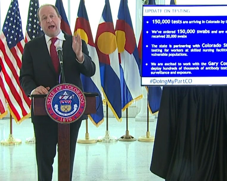 Colorado Gov. Jared Polis discusses COVID-19 at his news conference Wednesday, April 22, 2020.