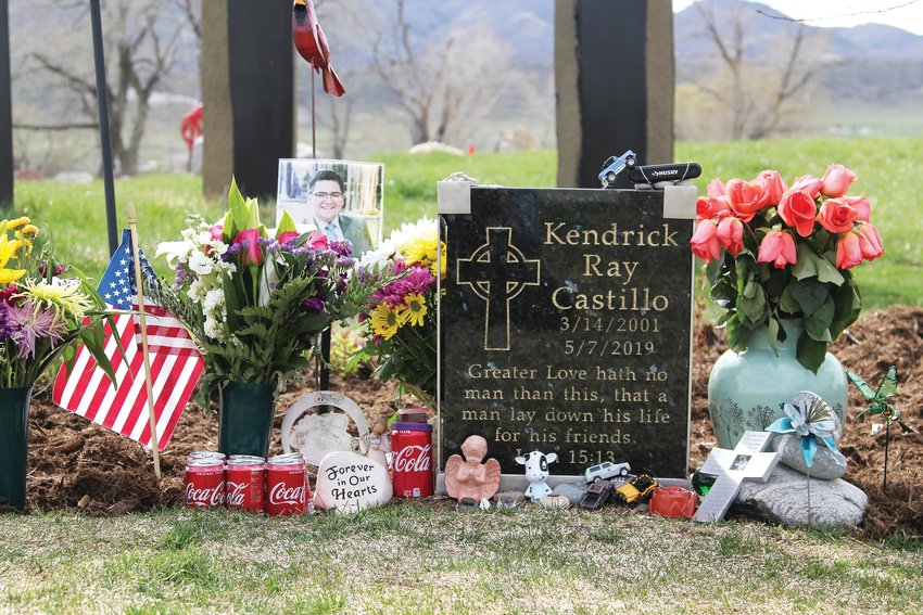A number of items at Kendrick Castillo’s grave honor things he loved — a small cow to remember his times eating Chick-fil-A with friends, a columbine flower left by a Columbine survivor, tools from technology students he mentored and more.