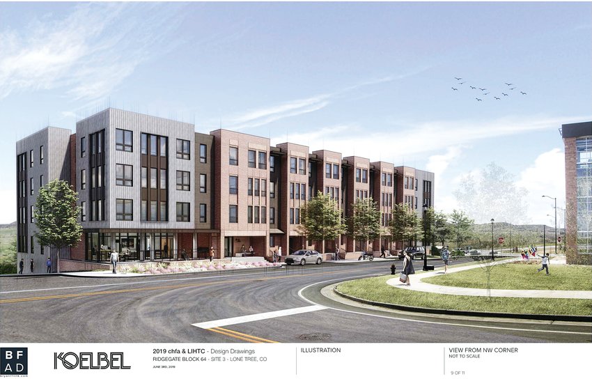 A rendering of the 67-unit affordable housing complex planned for RidgeGate Station.