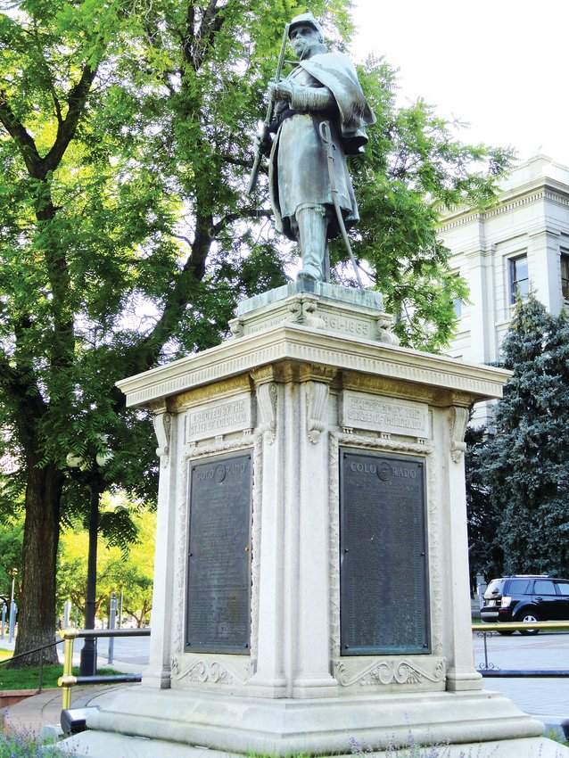 The Civil War Monument at the Colorado state Capitol, featuring a statue of a Civil War cavalryman by Jack Howland, as it appeared in 2011. The statue was pulled down June 25.