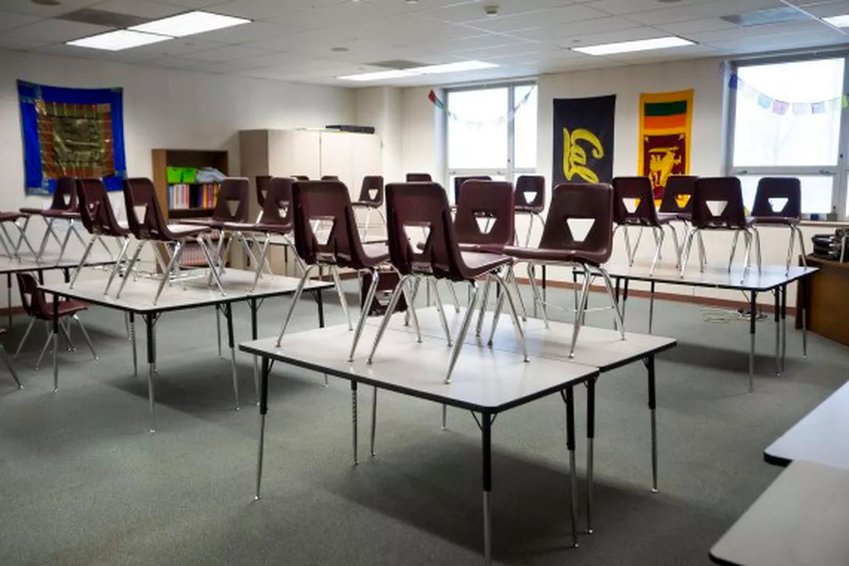 A classroom in Denver’s Bruce Randolph School after it closed to in-person learning in March.