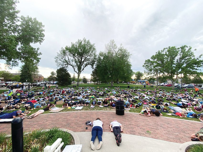 A crowd of about 200 gathered in O'Brien Park in Parker on June 4 for a demonstration protesting the death of George Floyd and racial injustice in America. The protesters lay down for eight minutes and 46 seconds, the length of time Floyd was pinned down by his neck while in Minneapolis police custody.