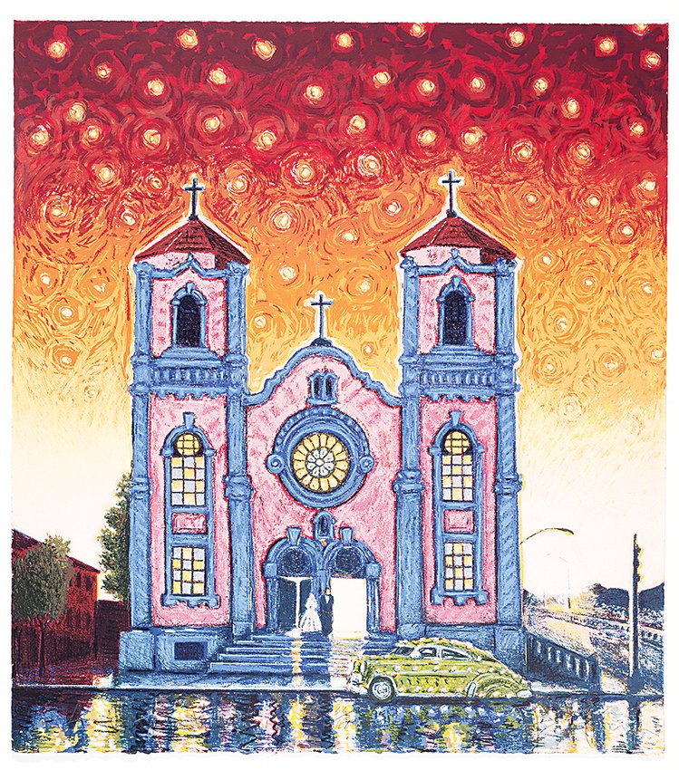 “Westside Wedding” by Carlos Fresquez depicts St. Cajetan’s Church, which was the first Hispanic parish in Denver and served the area’s Spanish-speaking Catholic community from 1925 until 1973 when the Auraria campus was built.