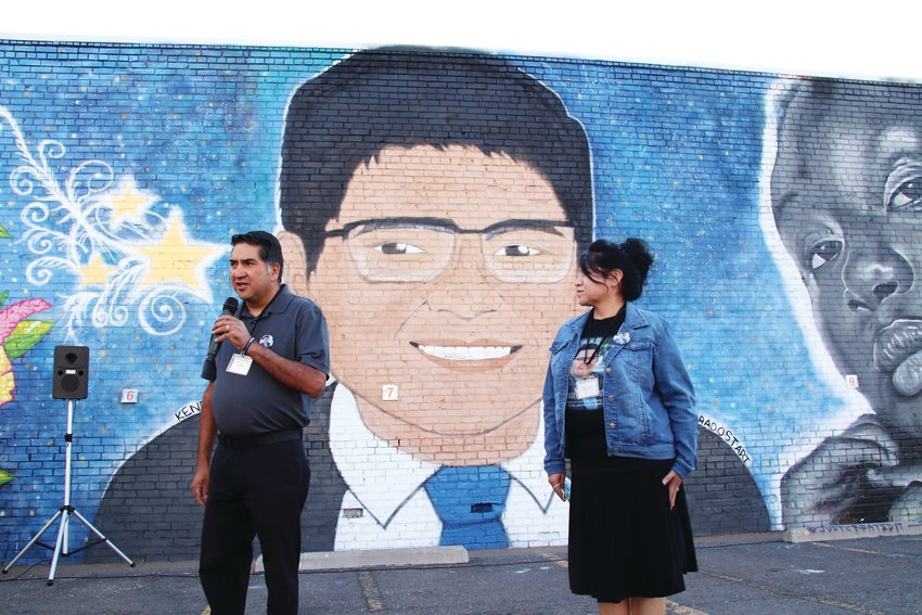 John and Maria Castillo speak at the unveiling of a mural of their son Kendrick. The mural, in downtown Denver near Coors Field, was unveiled Oct. 4.