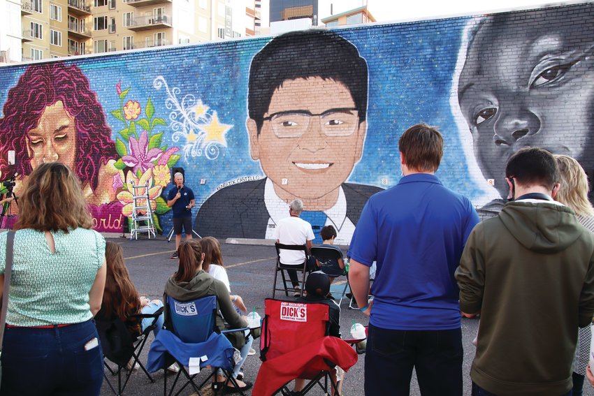District Attorney George Brauchler speaks to the crowd at the Oct. 4 unveiling of a mural of Kendrick Castillo. Brauchler is the lead prosecutor in the case against one of the alleged shooters, Devon Erickson. He also led the case against Alec McKinney, who has been convicted in the shooting.
