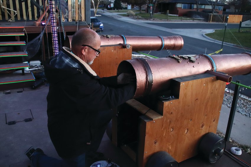 Sean Meighan prepares the cannons he built for his nightly show on Nov. 8.
