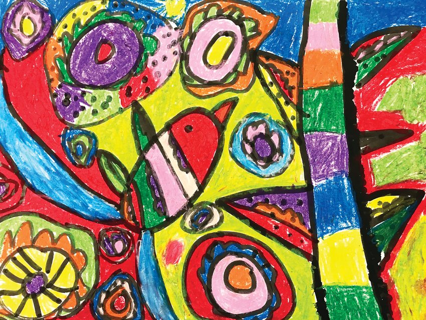 This year's Virtual District Art Show by Littleton Public Schools students will feature this artwork in ink and oil pastels by Liliana Mendoza, a first-grader at Centennial Academy of Fine Arts.