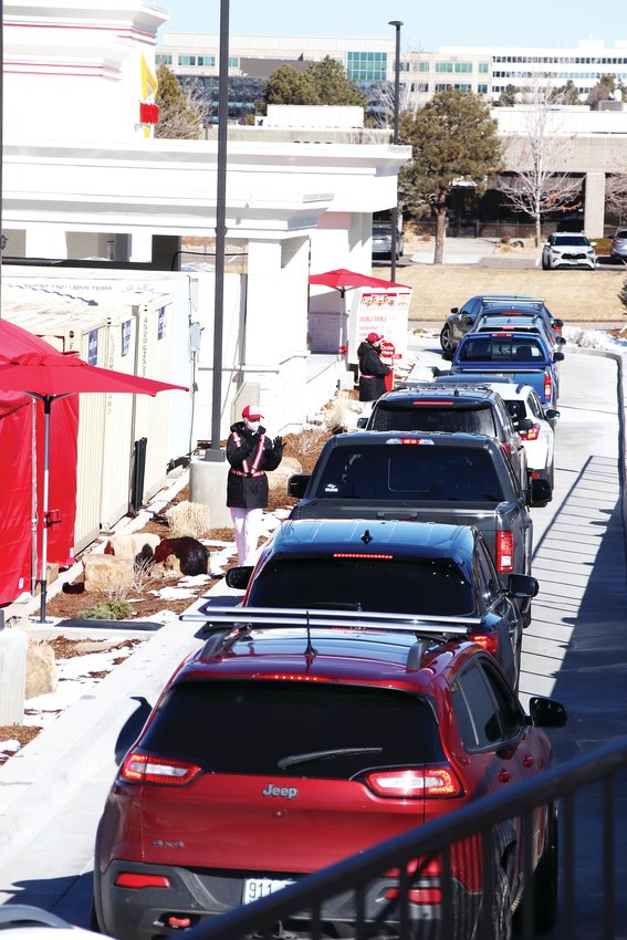 Cars fill the drive thru at In-N-Out’s new Lone Tree location on opening day.