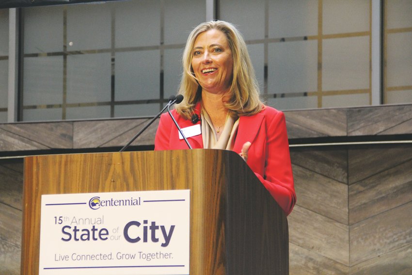 Mayor Stephanie Piko is shown delivering the 2019 Centennial State of Our City address.