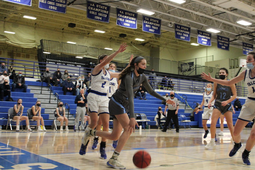 Ralston Valley point guard Sydney Bevington toes the baseline as she looks for a pass late in the Mustangs' Great 8 loss to Highlands Ranch.