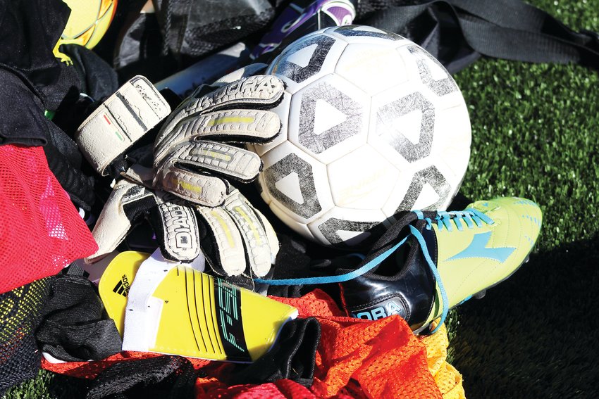 Clear Creek girls soccer equipment sits along the sidelines during Friday’s practice.