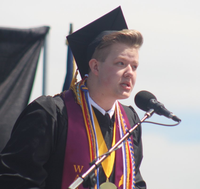 Walker Bergmann delivers his valedictory address during Eagle Ridge Academy commencement exercises May 19.