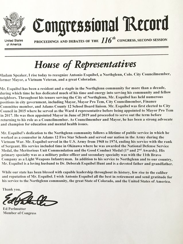 A letter that Rep. Ed Perlmutter recently submitted into the congressional record recognizing Antonio Esquibel‚Äôs service to the wider Northglenn community.