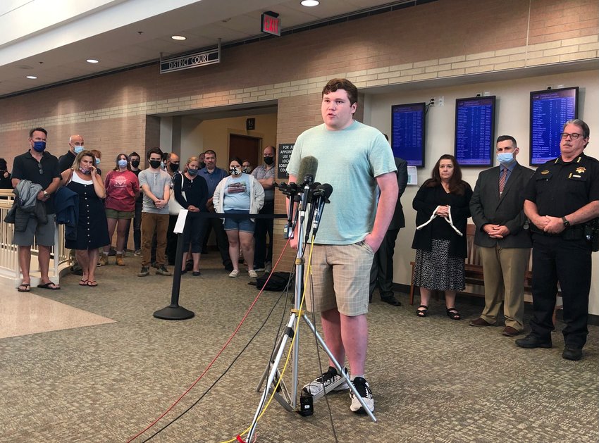 Mitchell Kraus, who was shot during the May 7, 2019 STEM School Highlands Ranch shooting, speaks during a press conference June 15 following a verdict hearing for Devon Erickson.