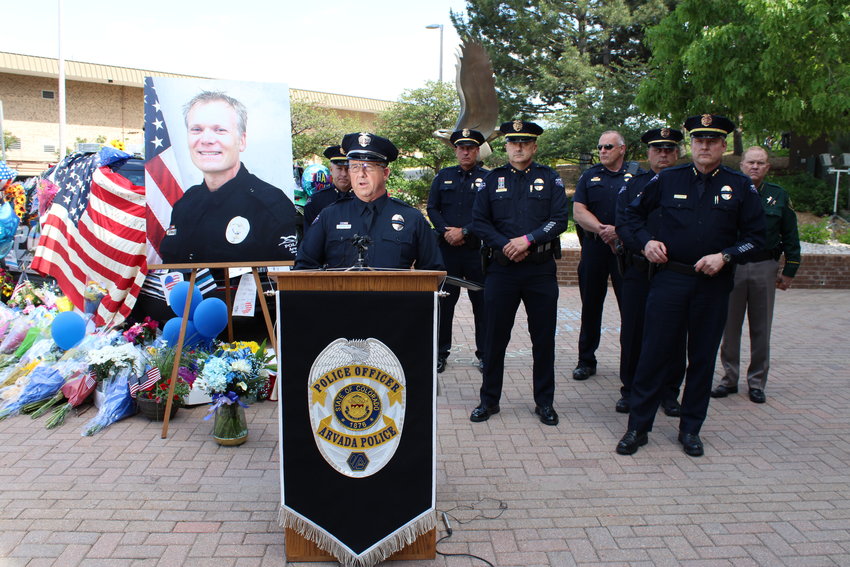 Arvada Police Department PIO Dave Snelling addresses the media at a June 22 press conference.