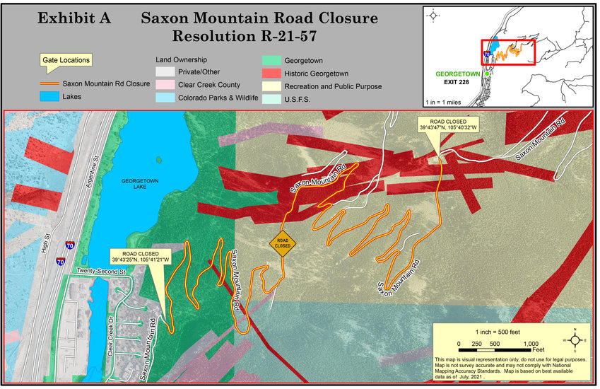 Clear Creek County has closed a four-mile section of Saxon Mountain Road above Georgetown for safety reasons. The closure will be in effect through Aug. 3, but may be extended if necessary.