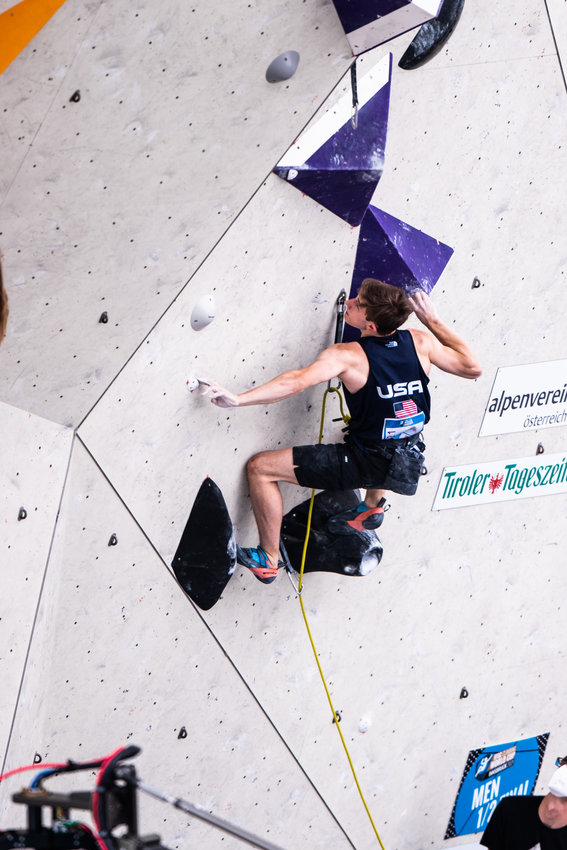 Colin Duffy, who placed seventh in the first-ever sport climbing competition in the Tokyo Olympics, competes in a lead climbing event in Innsbruck, Austria.