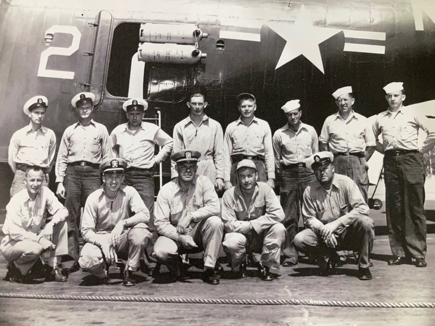 Crew 2 of Patrol Squadron 40 prior to leaving NAS North Island, San Diego, California, on June 3, 1951. In the front row, kneeling, from left, LTJG Otis, ENSIGN Jerry Detwiler, LTCDR John Reef, (patrol plane commander) LTJG Dick Lewis and Chief Petty Officer Odom. In the second row standing is the rest of the crew. Detwiler, who was a Navy pilot during the Korean War, now lives at the Holly Creek Retirement Community in Centennial.