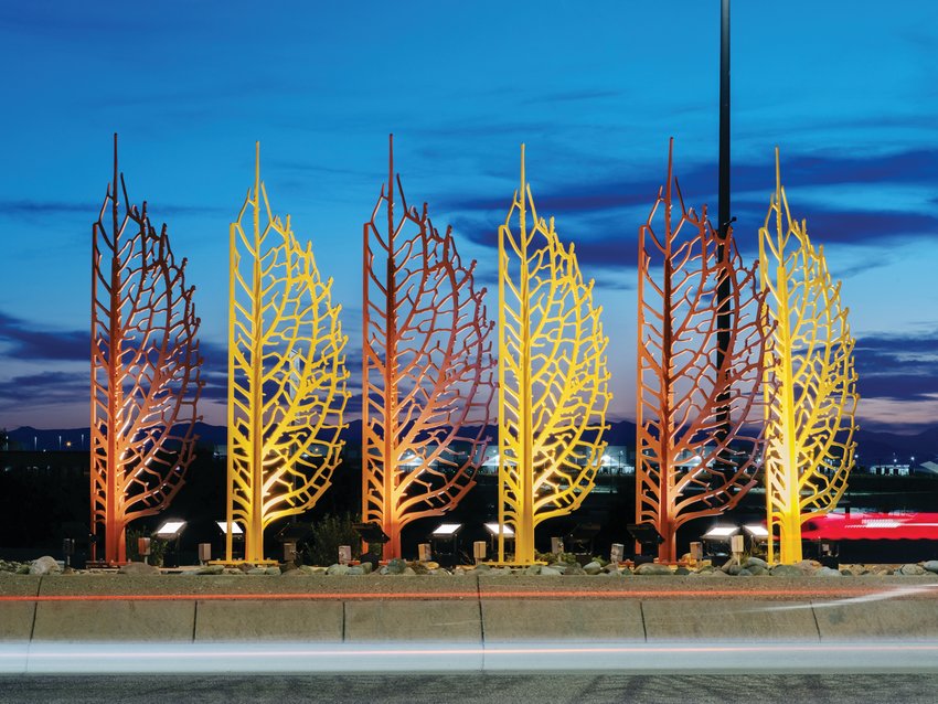 A median sculpture stands along Tower Road near 104th Avenue by artist Mark Horst, installed in 2020. The sculpture is among the public art pieces the Commerce City Cultural Council has helped select.