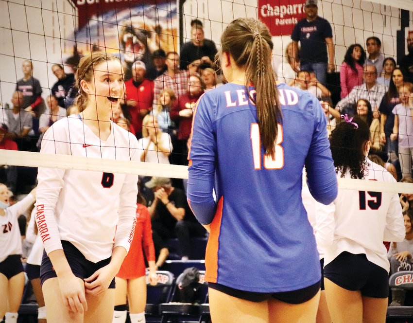 Katie Dalton of Chaparral, left, and Legend's Jordan Schwartz talk during a break in the action. Dalton and Schwartz are high school rivals since they go to different schools in Parker but they are teammates on the Front Range volleyball club team.