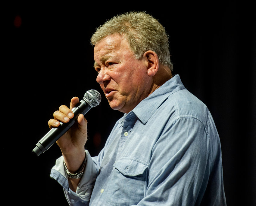 Actor William Shatner speaks at a Galaxy Con convention on July 30, 2021, in Raleigh, North Carolina.