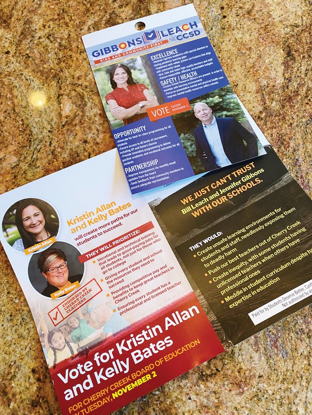 These flyers for Cherry Creek School District board candidates in the 2021 election were mailed to a Centennial home.
