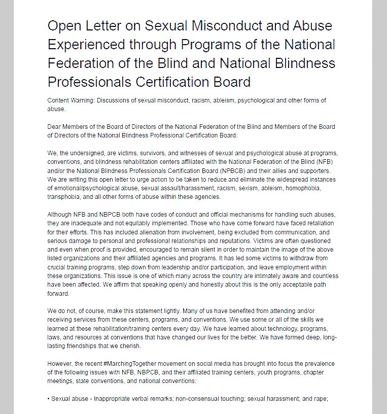 The first page of a December 2020 open letter signed by about 500 current and former National Federation of the Blind members and their allies, accusing the organization of tolerating sexual abuse and other misconduct.