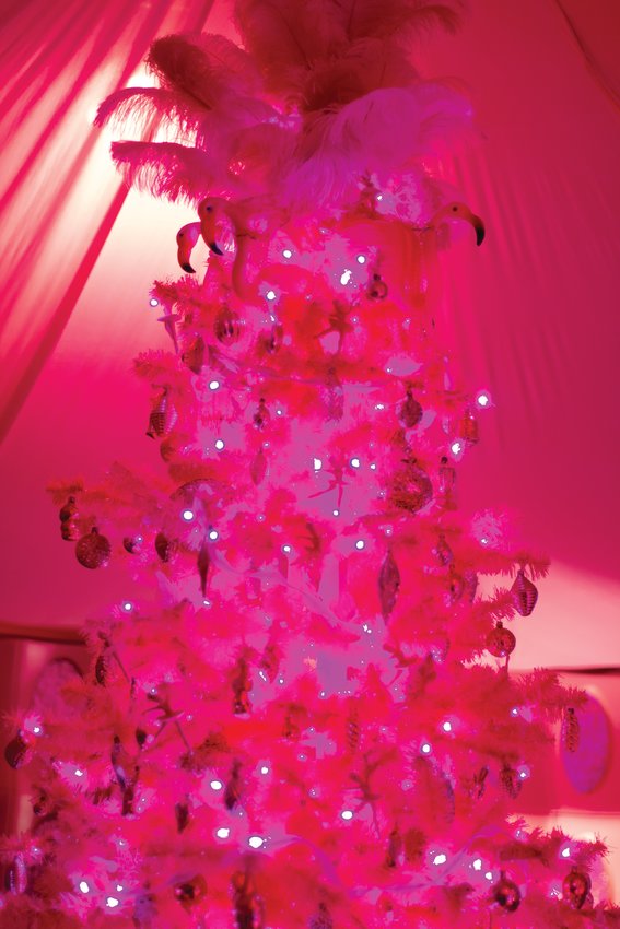 A pink tree is the centerpiece of the Pink Room at a very campy, Camp Christmas.