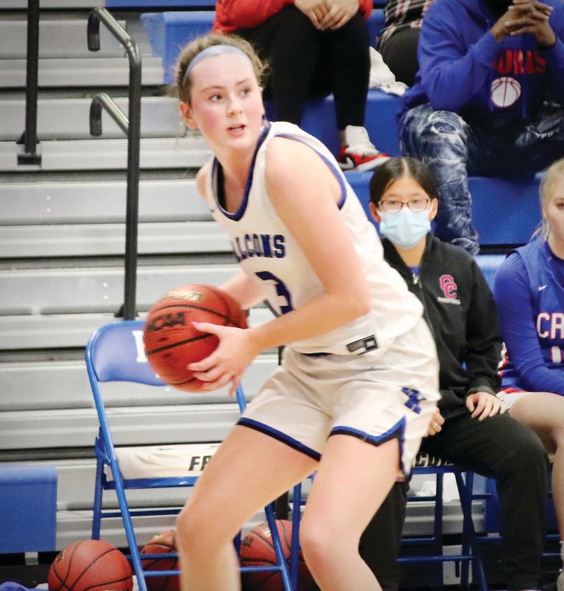 Katie Johanning (3) of Highlands Ranch had 17  points to help the Falcons down Cherry Creek, 64-52, in a Dec. 8 girls basketball game.