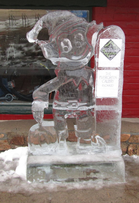 At right, an ice elf in downtown Evergreen. Middle, Three ice children hang out near Bear Creek by Highland Haven Creekside Inn.
