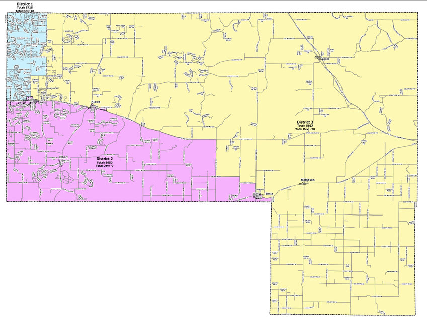 The newly approved Elbert County district map was approved by the county commissioners on Nov. 17. District 1, represented by Chris Richardson, is in blue; District 2, represented by Rick Pettitt, is in purple; and District 3, represented by Grant Thayer, is in yellow.